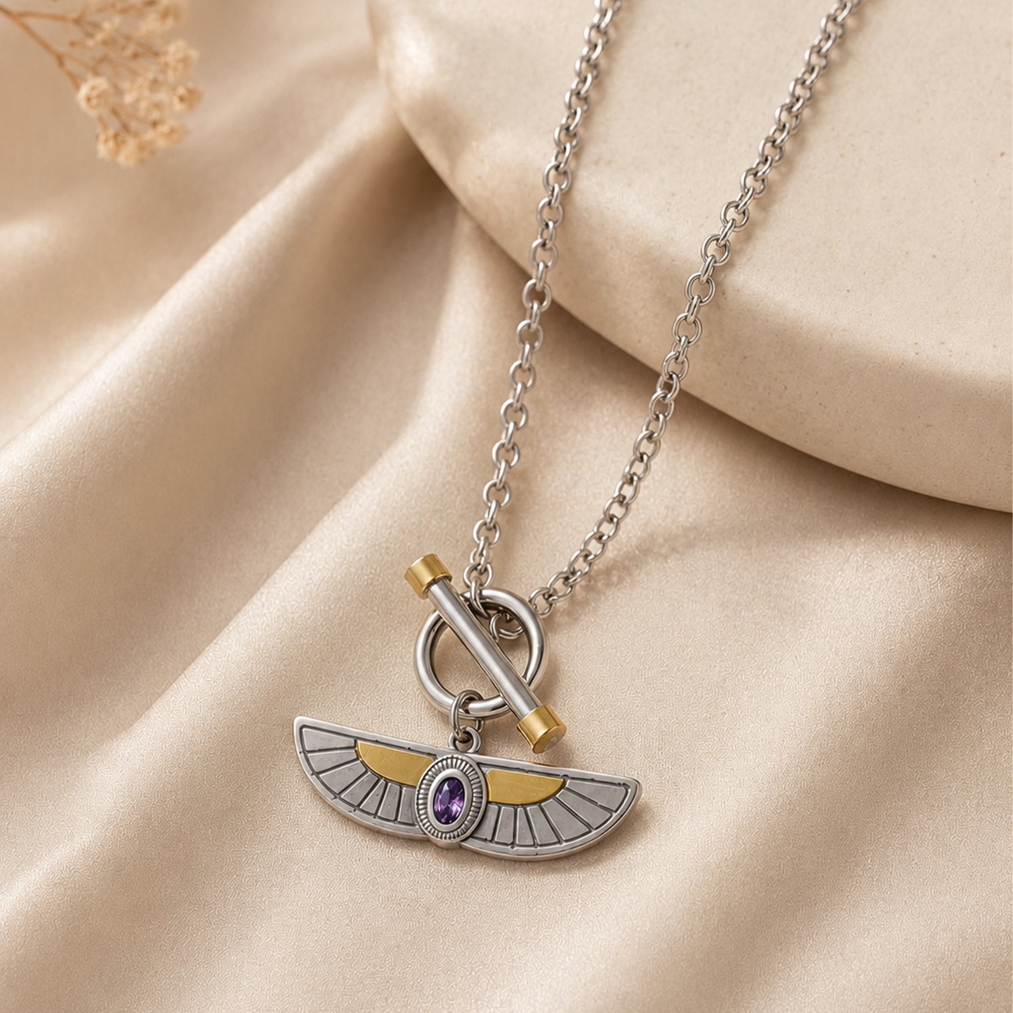 Egyptian Isis Wings Necklace - Silver & Amethyst