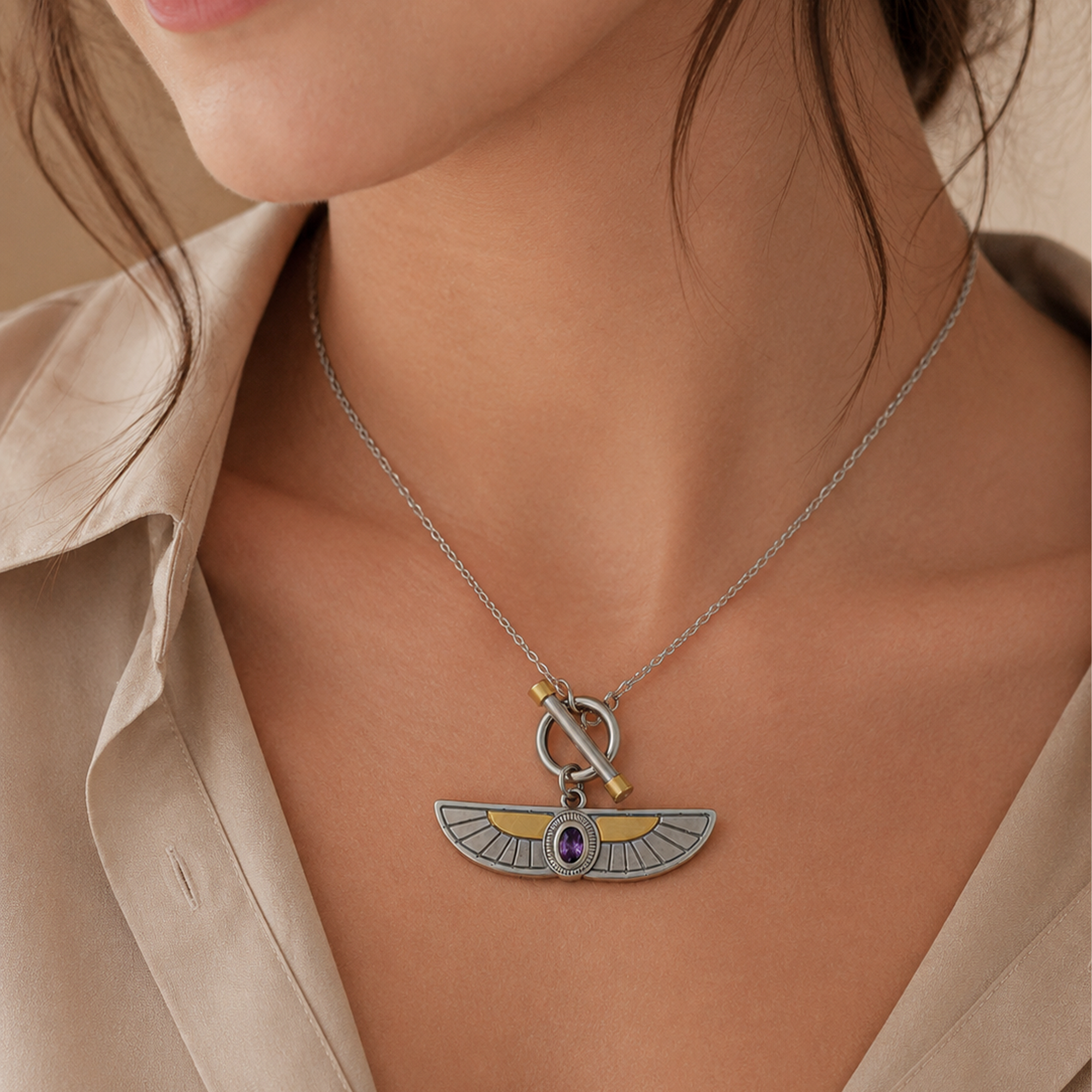 Egyptian Isis Wings Necklace - Silver & Amethyst