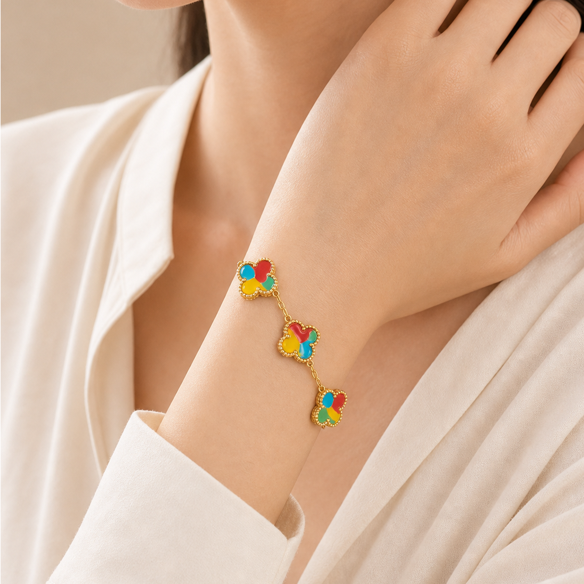 Colorful Clover Enamel Bracelet - Gold