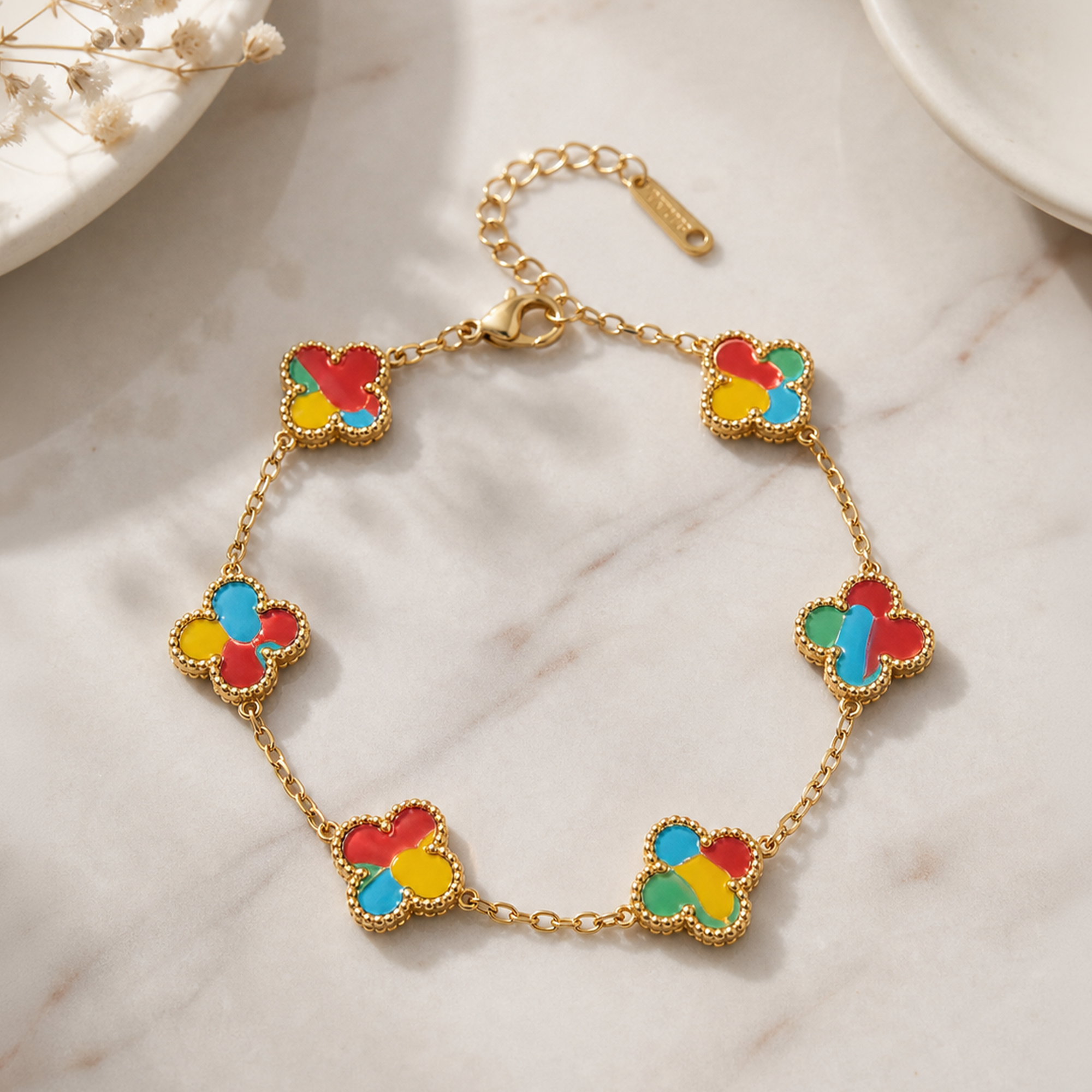 Colorful Clover Enamel Bracelet - Gold