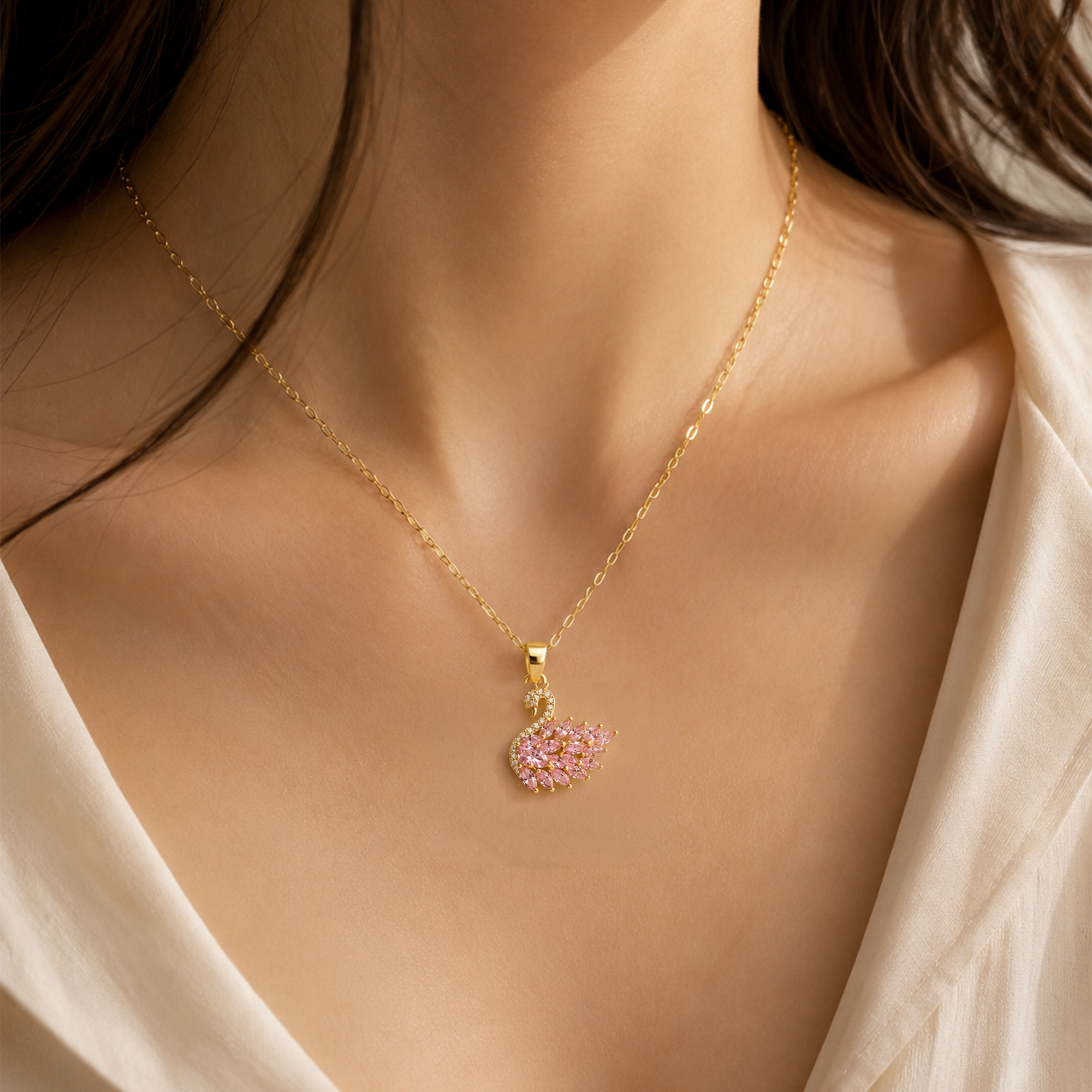 Swan Necklace - Pink Crystal