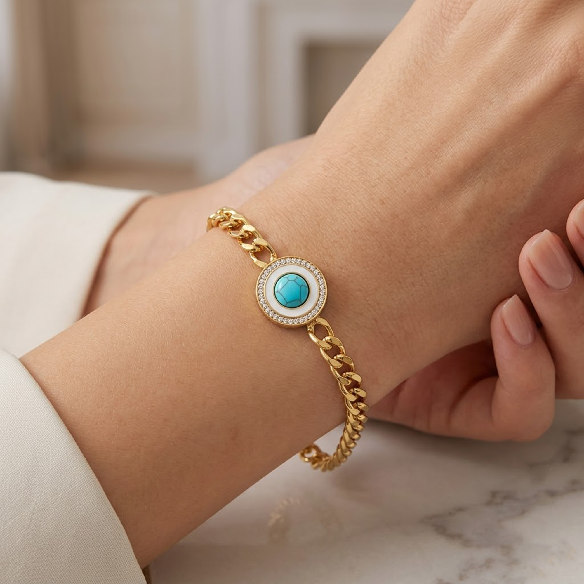 Turquoise Cuban Link Bracelet - Gold
