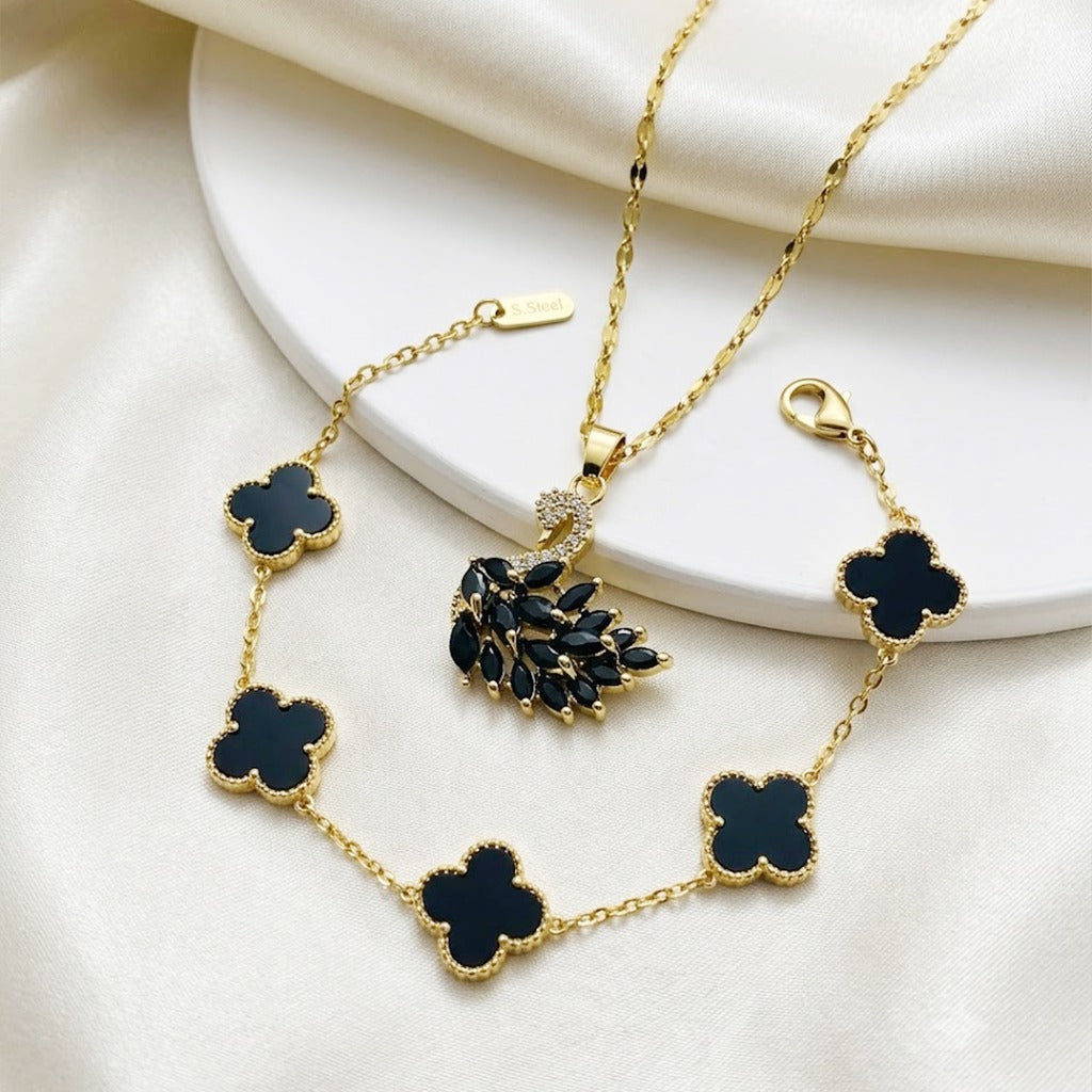 Black Crystal Swan Necklace & Clover Bracelet Set