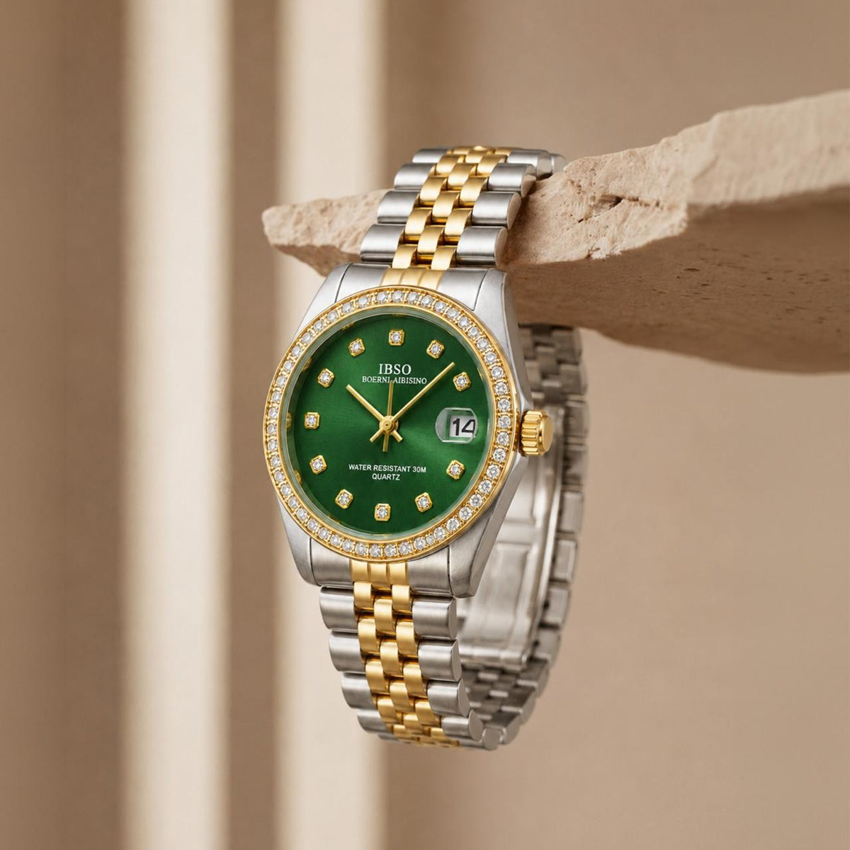 IBSO Green Crystal Two-Tone Watch