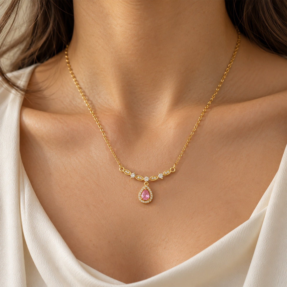 Golden Pink Teardrop Necklace