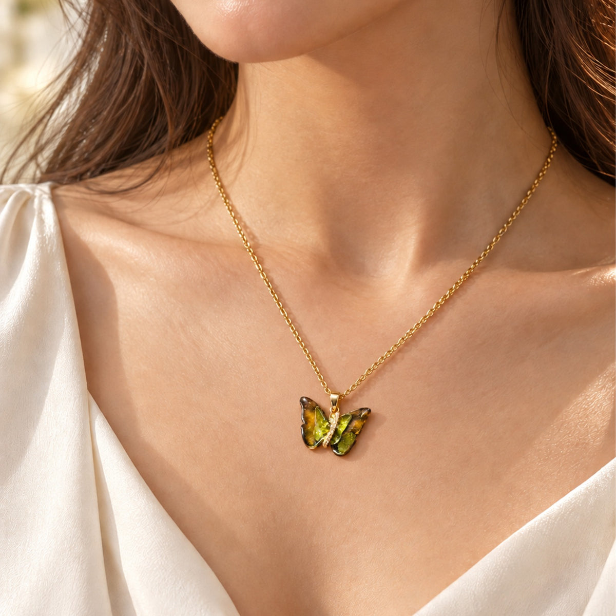 Olive Amber Butterfly Necklace