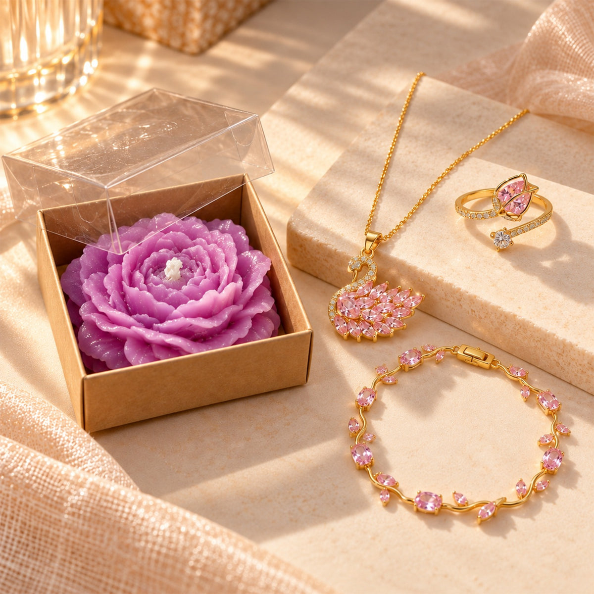 Pink Swan Set & Peony Candle